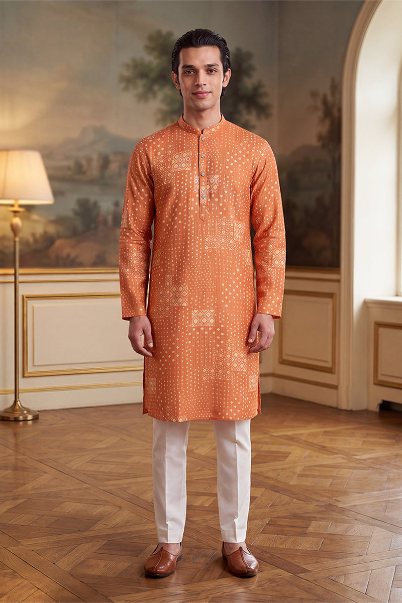 Orange Linen Blend Bandhani Printed Kurta MKU2638