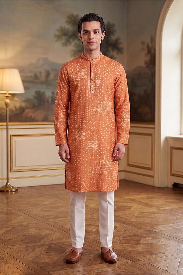 Orange Linen Blend Bandhani Printed Kurta MKU2638