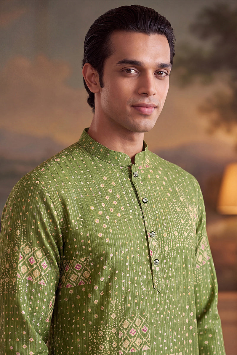 Green Linen Blend Bandhani Printed Kurta With Trouser MKSET2639