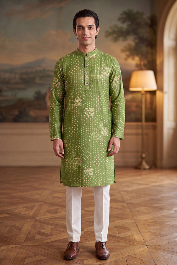 Green Linen Blend Bandhani Printed Kurta MKU2639