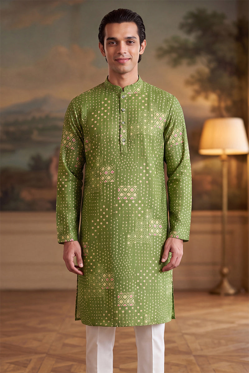 Green Linen Blend Bandhani Printed Kurta MKU2639