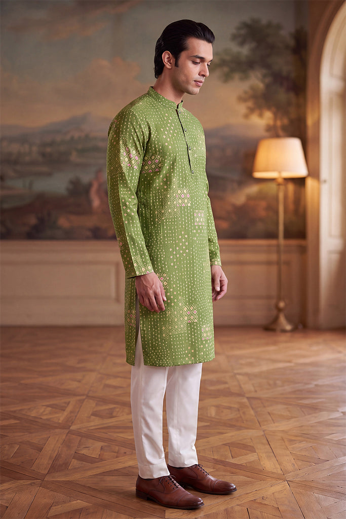 Green Linen Blend Bandhani Printed Kurta MKU2639
