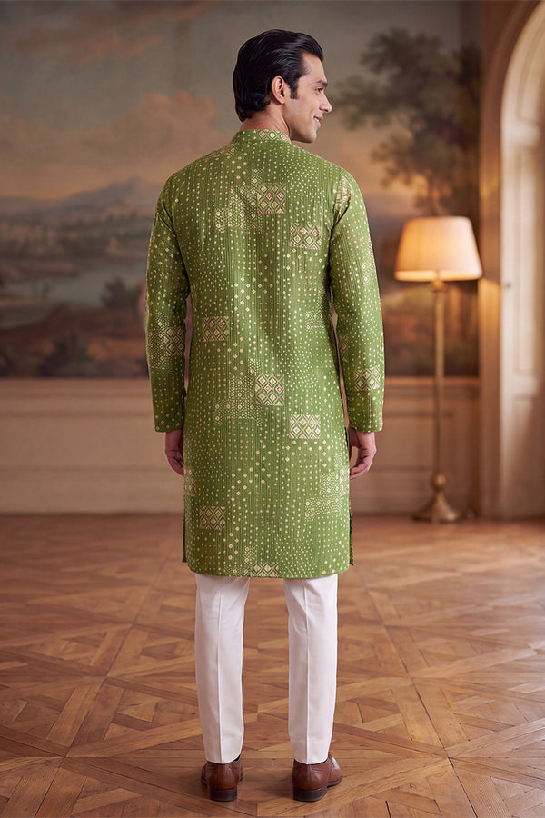 Green Linen Blend Bandhani Printed Kurta MKU2639