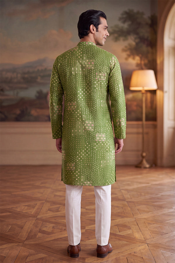 Green Linen Blend Bandhani Printed Kurta MKU2639