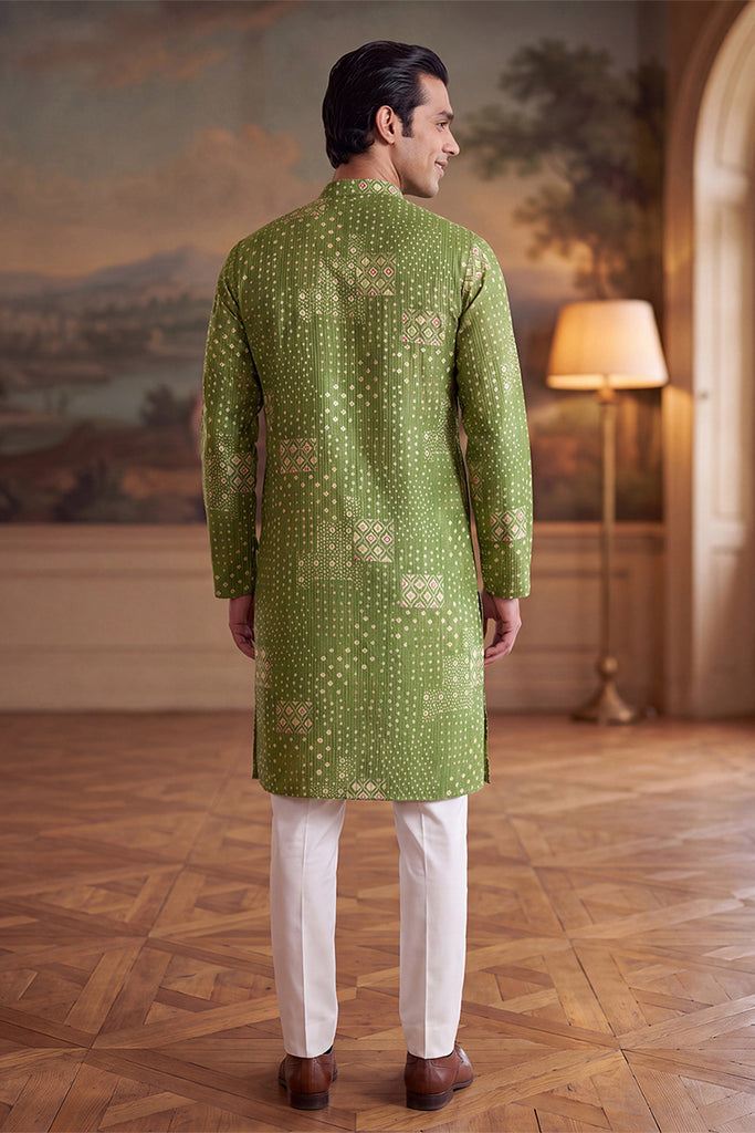 Green Linen Blend Bandhani Printed Kurta With Trouser MKSET2639