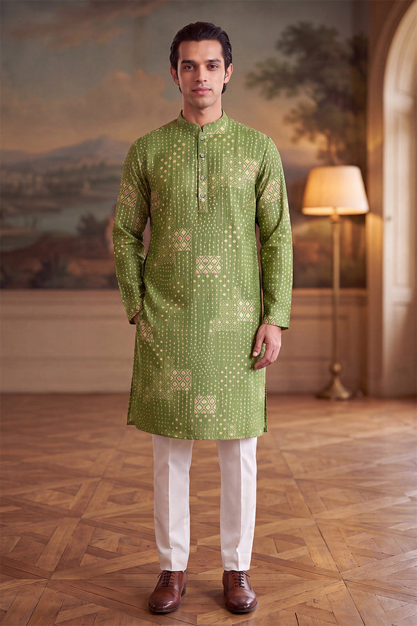 Green Linen Blend Bandhani Printed Kurta MKU2639