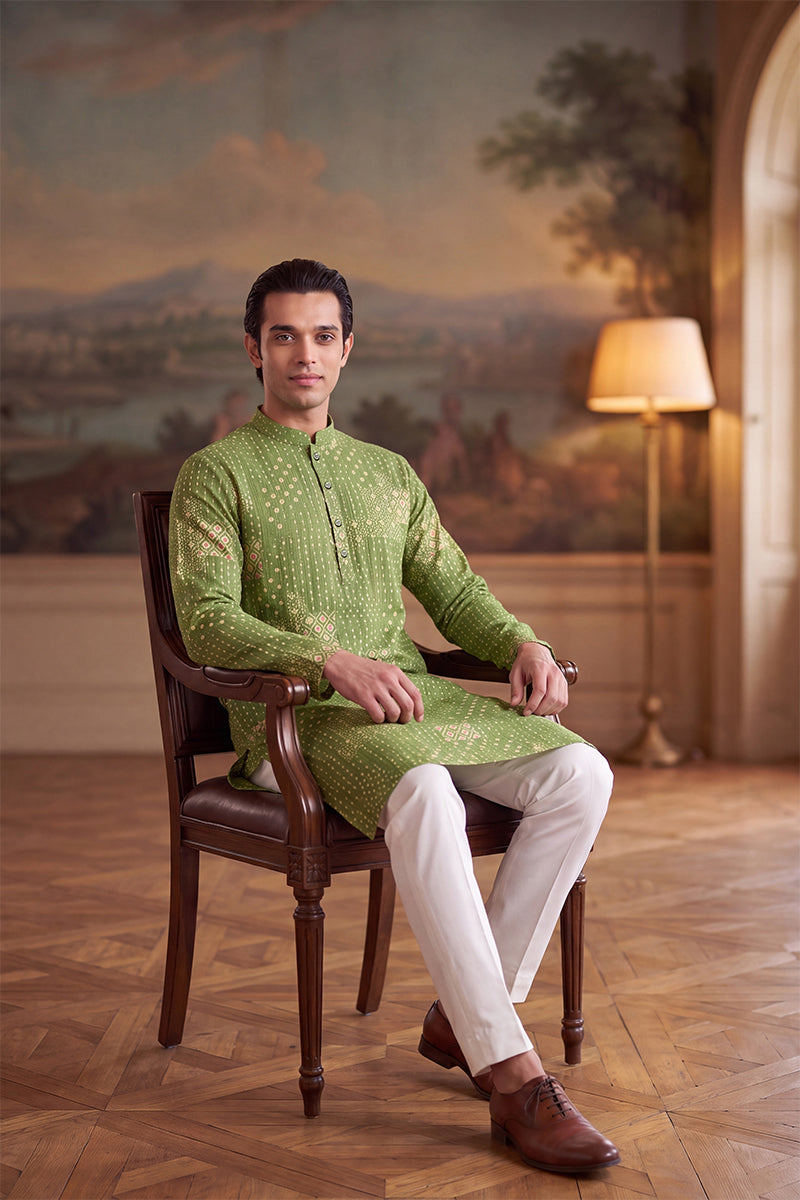 Green Linen Blend Bandhani Printed Kurta MKU2639