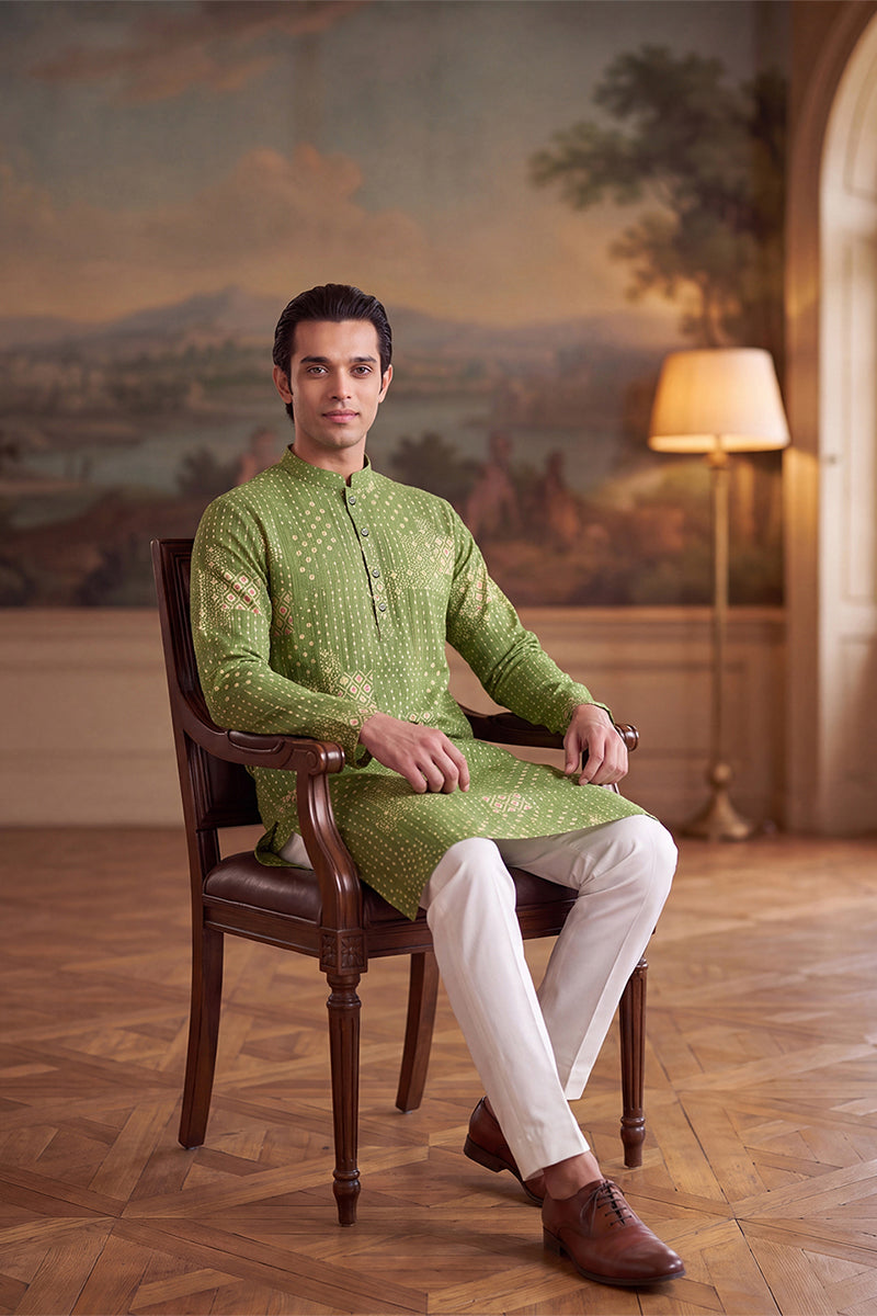 Green Linen Blend Bandhani Printed Kurta With Trouser MKSET2639