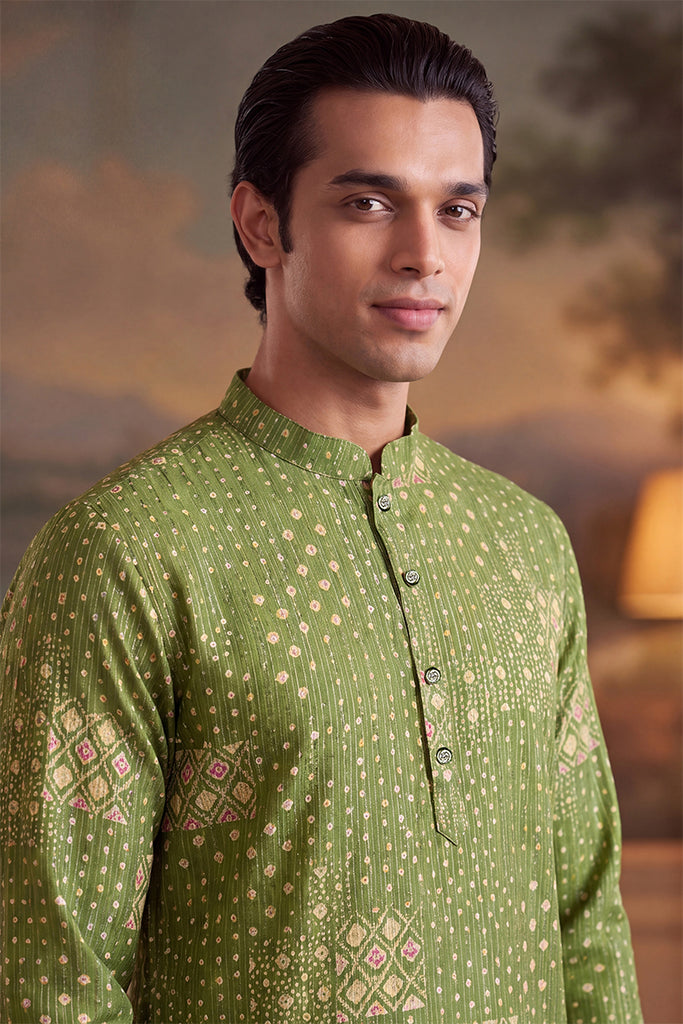 Green Linen Blend Bandhani Printed Kurta MKU2639