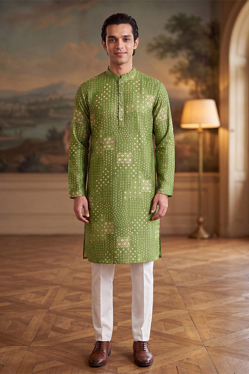 Green Linen Blend Bandhani Printed Kurta With Trouser MKSET2639