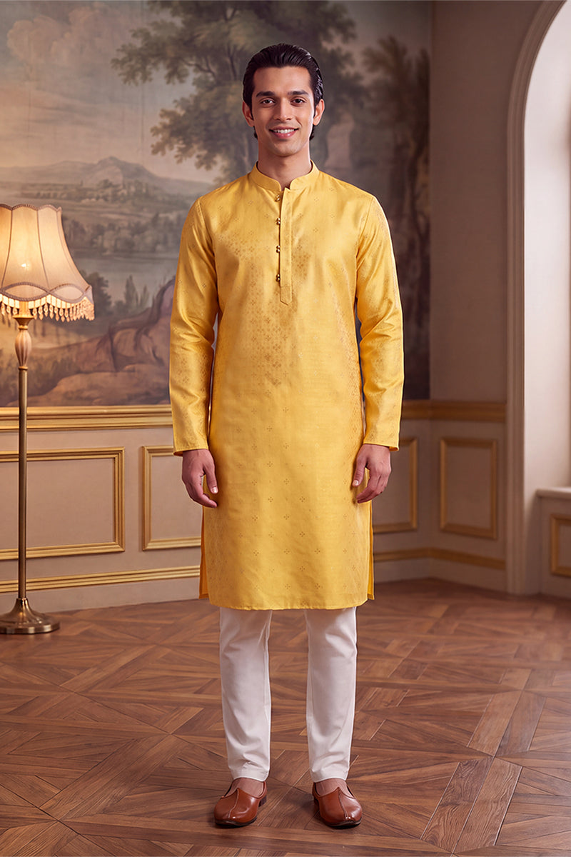 Yellow Jacquard Ethnic Motifs Woven Design Kurta MKU2640