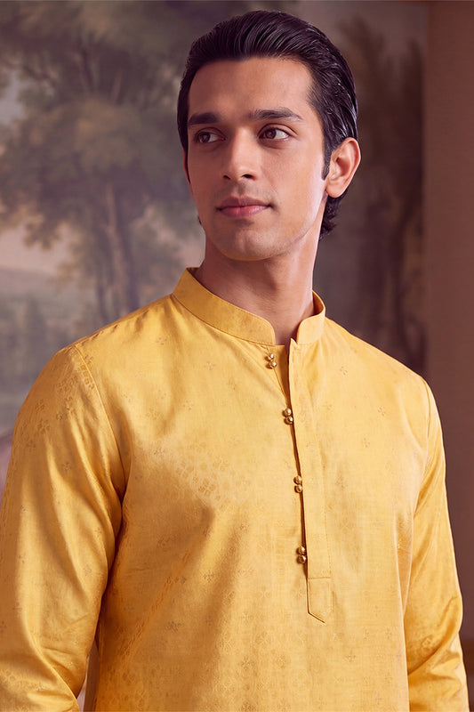 Yellow Jacquard Ethnic Motifs Woven Design Kurta MKU2640