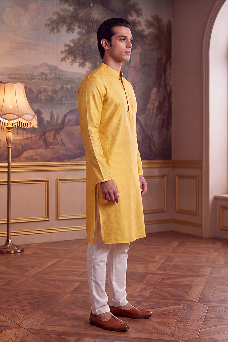 Yellow Jacquard Ethnic Motifs Woven Design Kurta MKU2640
