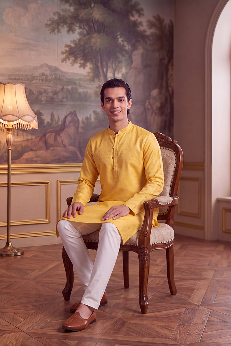 Yellow Jacquard Ethnic Motifs Woven Design Kurta With Trouser MKSET2640