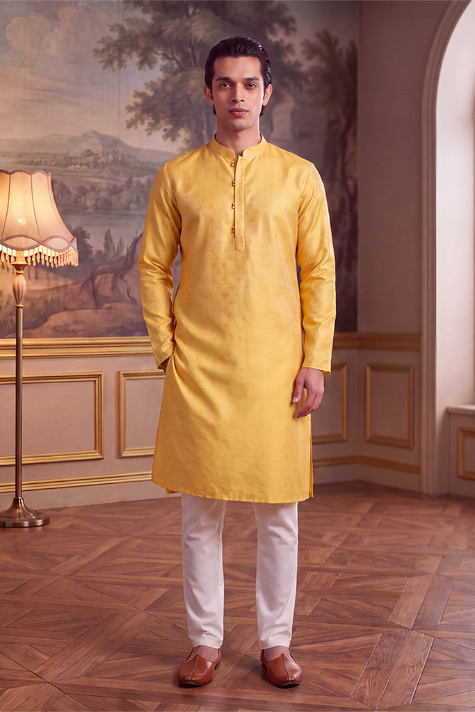 Yellow Jacquard Ethnic Motifs Woven Design Kurta MKU2640