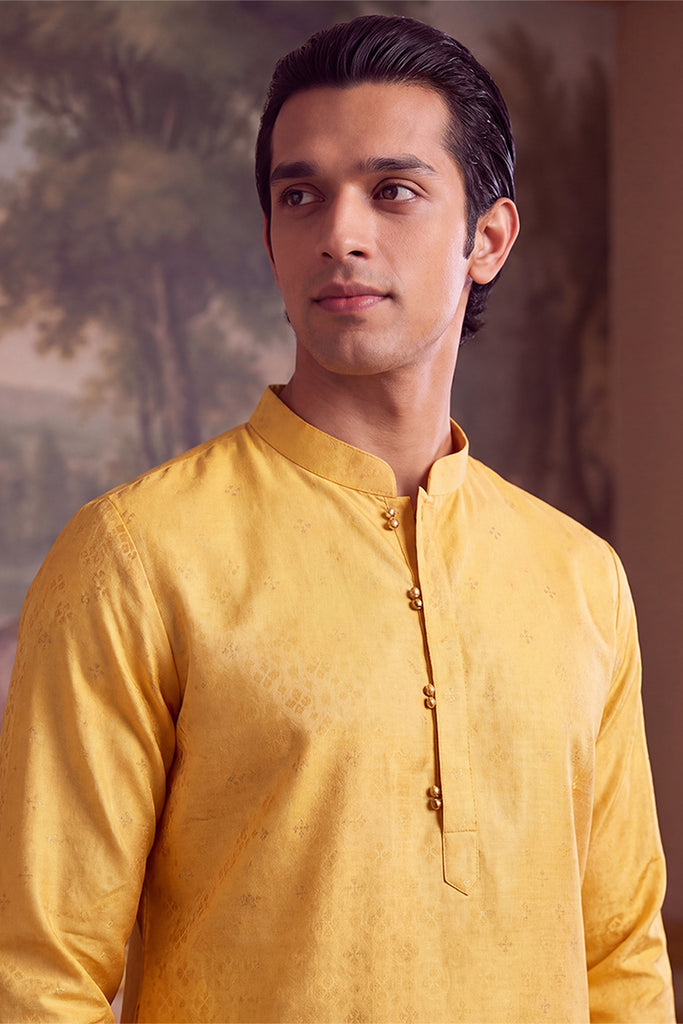 Yellow Jacquard Ethnic Motifs Woven Design Kurta MKU2640