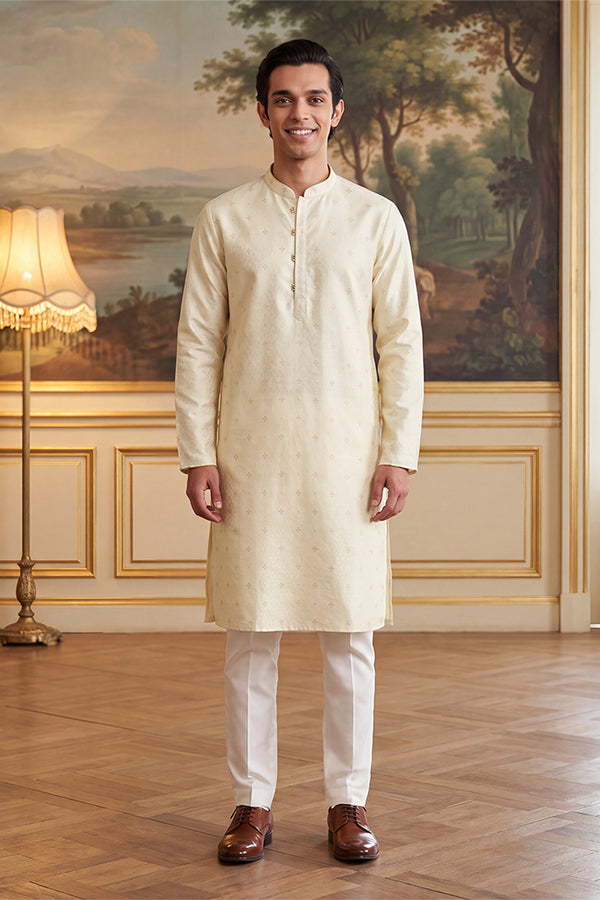 Off White Jacquard Ethnic Motifs Woven Design Kurta MKU2643