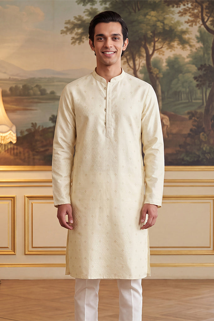Off White Jacquard Ethnic Motifs Woven Design Kurta MKU2643