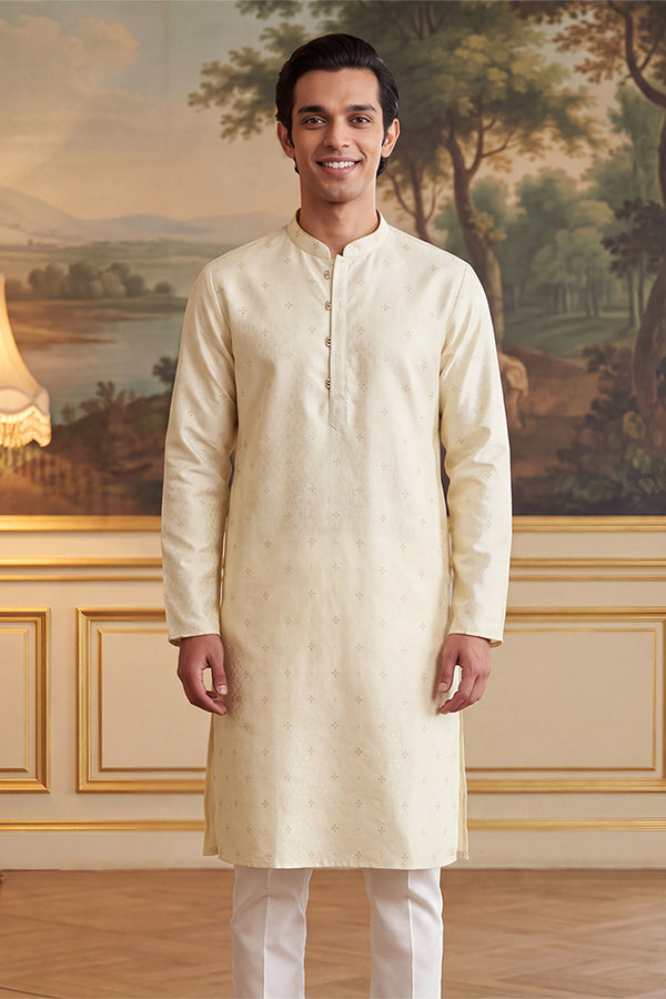 Off White Jacquard Ethnic Motifs Woven Design Kurta MKU2643
