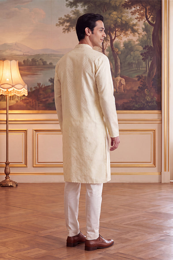 Off White Jacquard Ethnic Motifs Woven Design Kurta With Trouser MKSET2643
