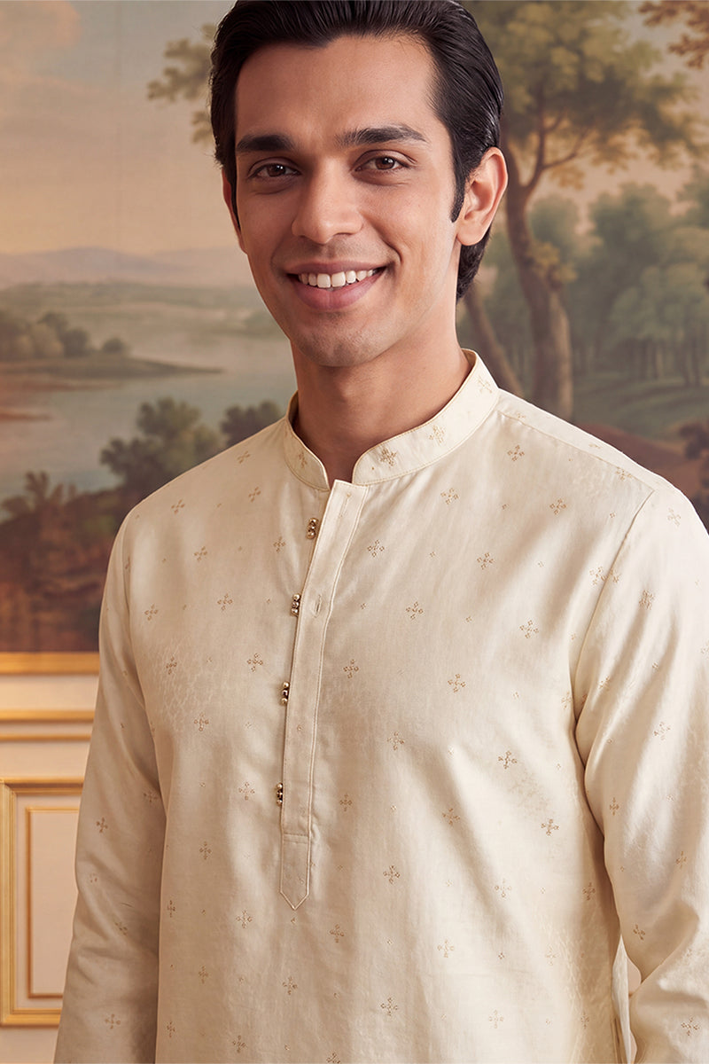 Off White Jacquard Ethnic Motifs Woven Design Kurta MKU2643