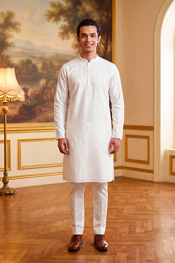 White Cotton Ethnic Motifs Woven Design Kurta MKU2705