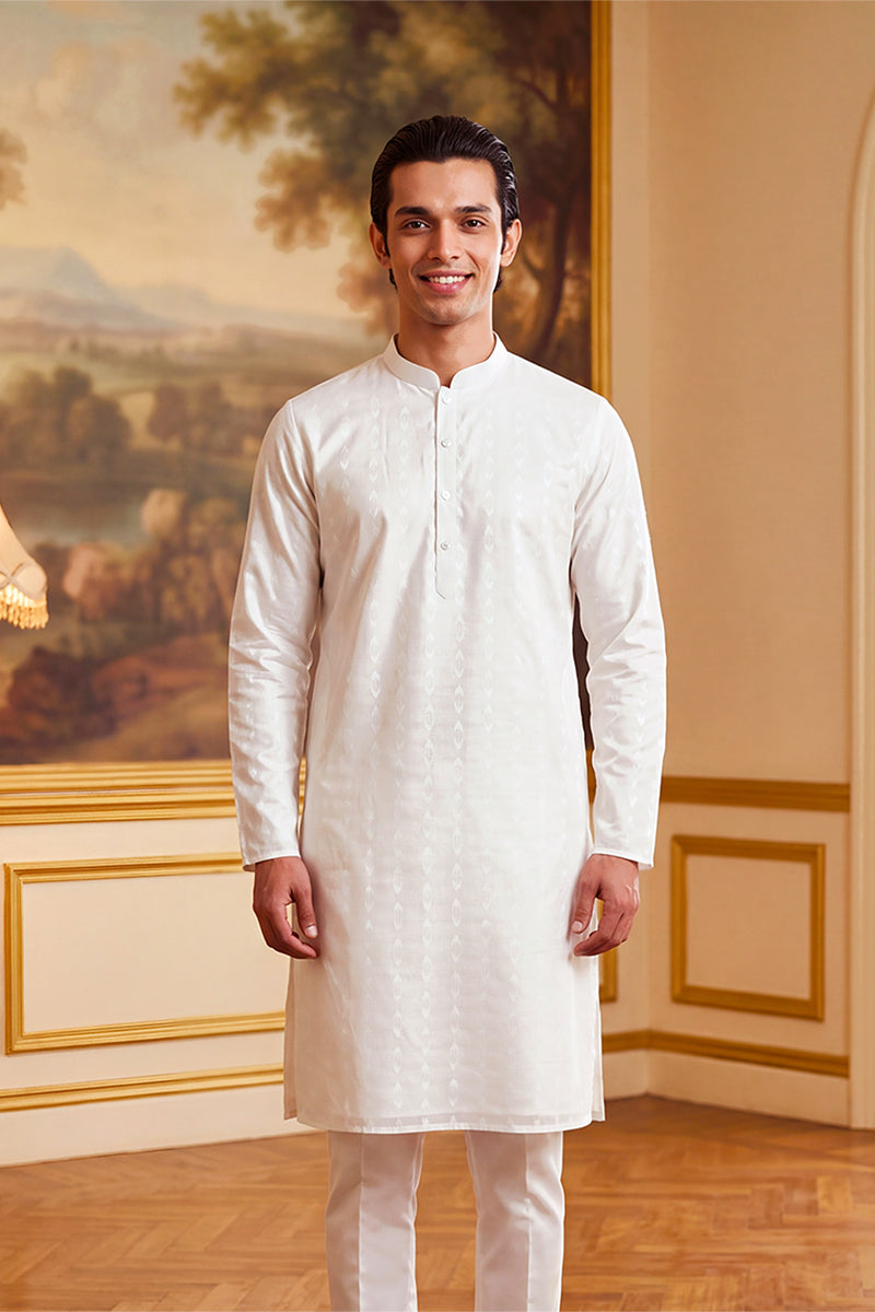 White Cotton Ethnic Motifs Woven Design Kurta MKU2705