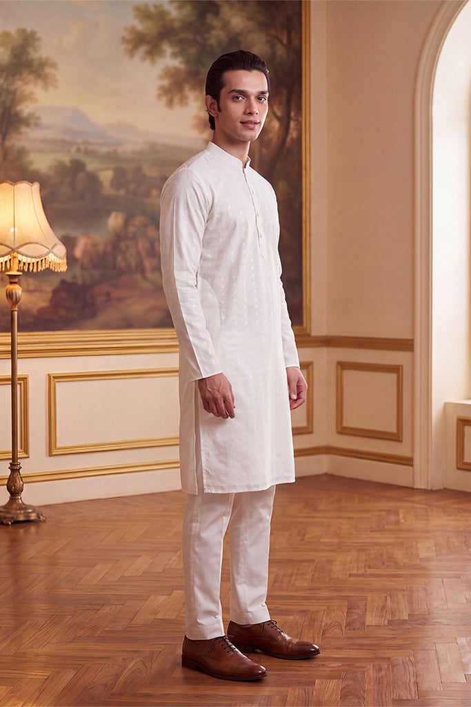White Cotton Ethnic Motifs Woven Design Kurta MKU2705