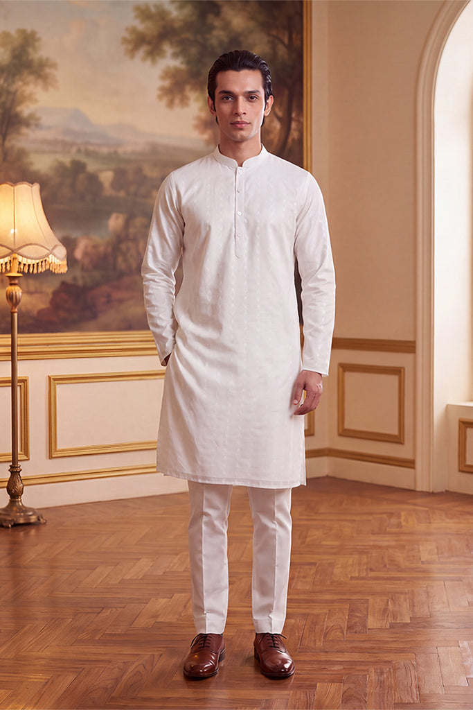 White Cotton Ethnic Motifs Woven Design Kurta MKU2705