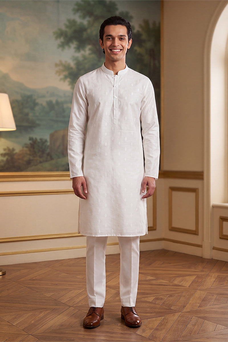 White Cotton Ethnic Motifs Woven Design Kurta MKU2707