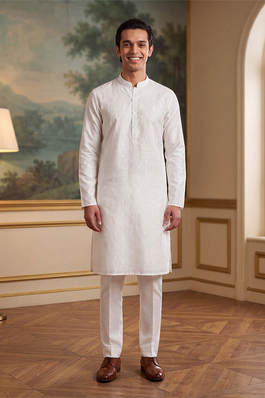 White Cotton Ethnic Motifs Woven Design Kurta MKU2707