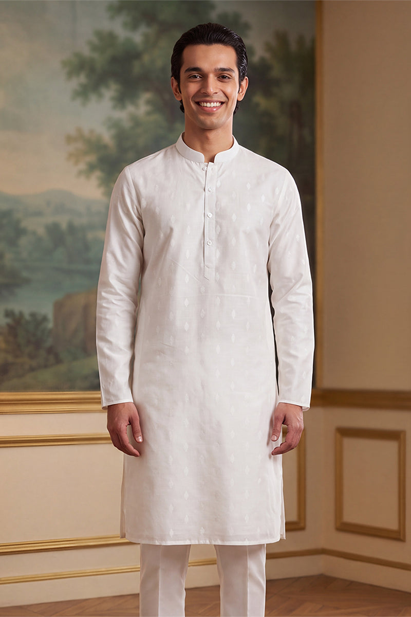 White Cotton Ethnic Motifs Woven Design Kurta MKU2707