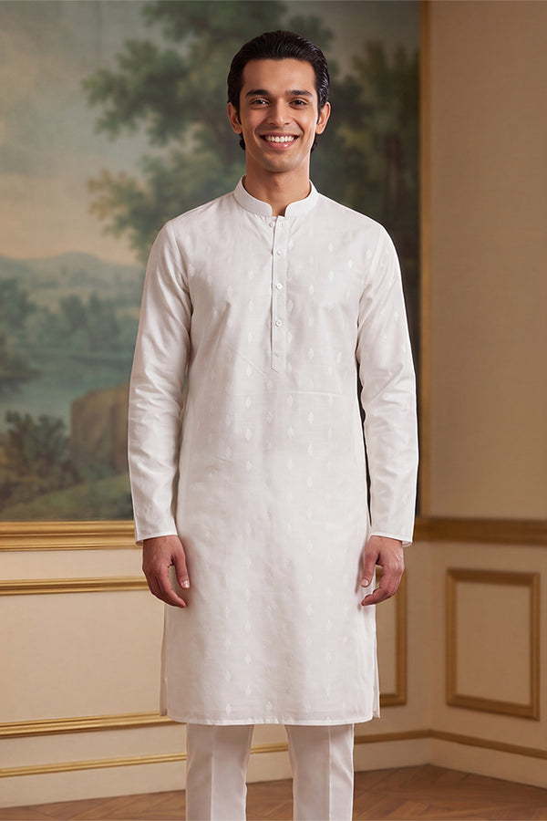 White Cotton Ethnic Motifs Woven Design Kurta MKU2707