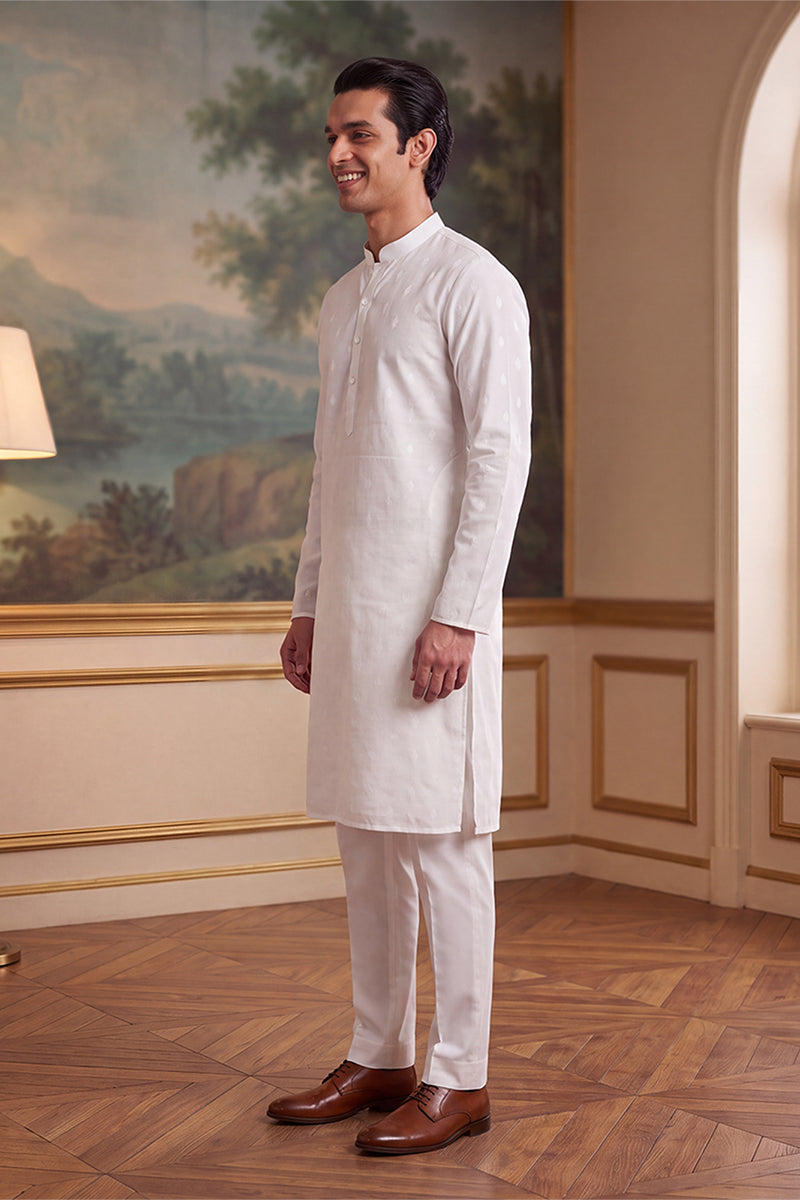 White Cotton Ethnic Motifs Woven Design Kurta MKU2707