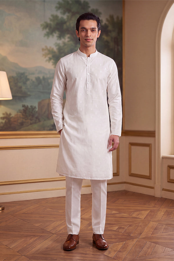 White Cotton Ethnic Motifs Woven Design Kurta MKU2707