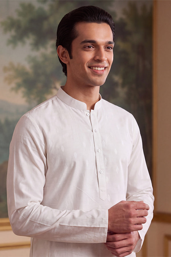 White Cotton Ethnic Motifs Woven Design Kurta MKU2707