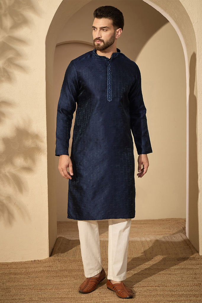 Blue Jacquard Solid Embroidered Mandarin Collar Kurta MKU2741