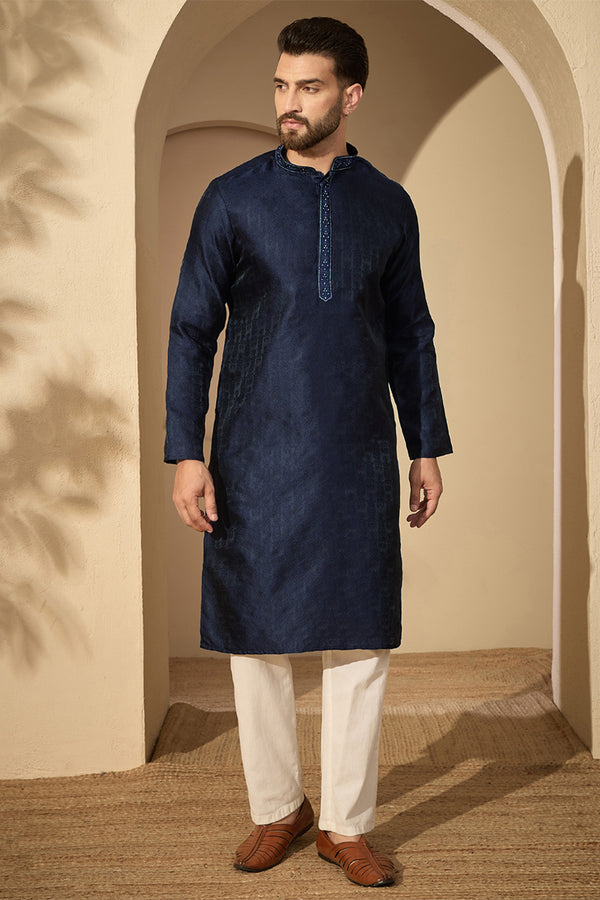 Blue Jacquard Solid Embroidered Mandarin Collar Kurta MKU2741