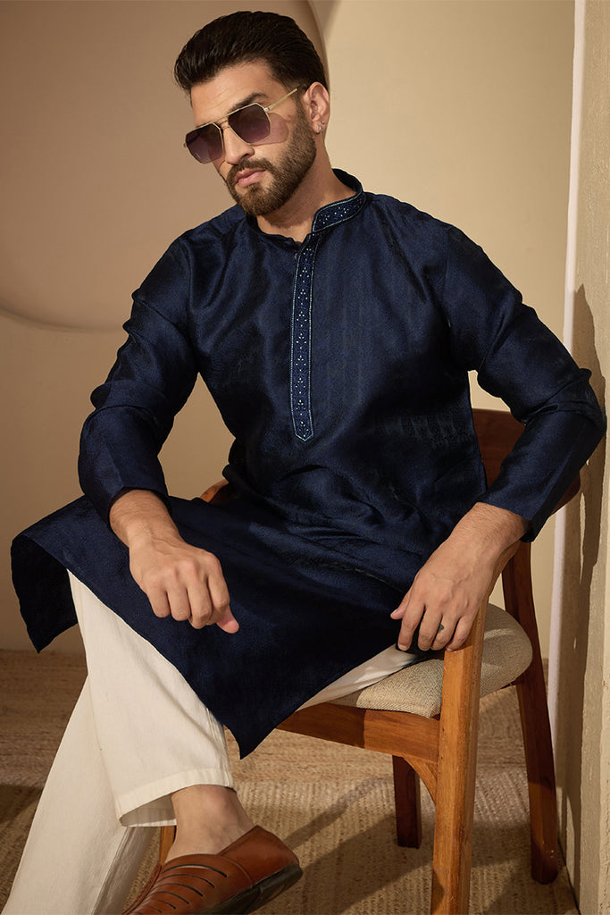 Blue Jacquard Solid Embroidered Mandarin Collar Kurta With Trouser MKSET2741