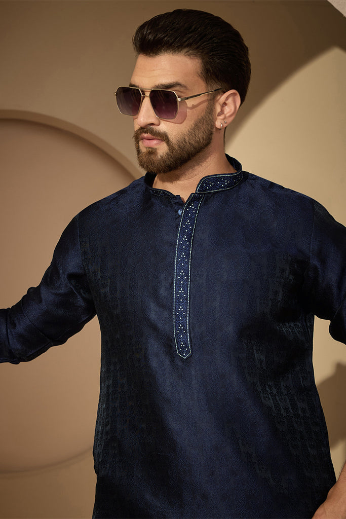 Blue Jacquard Solid Embroidered Mandarin Collar Kurta With Trouser MKSET2741