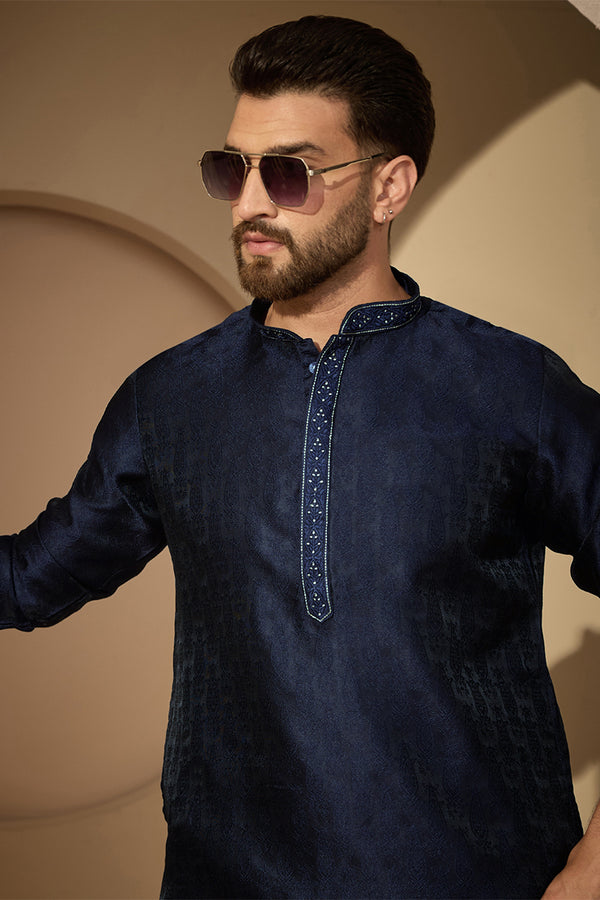 Blue Jacquard Solid Embroidered Mandarin Collar Kurta With Trouser MKSET2741