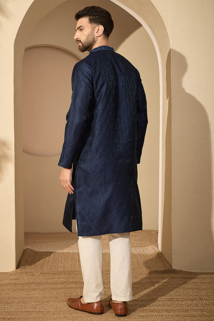 Blue Jacquard Solid Embroidered Mandarin Collar Kurta With Trouser MKSET2741