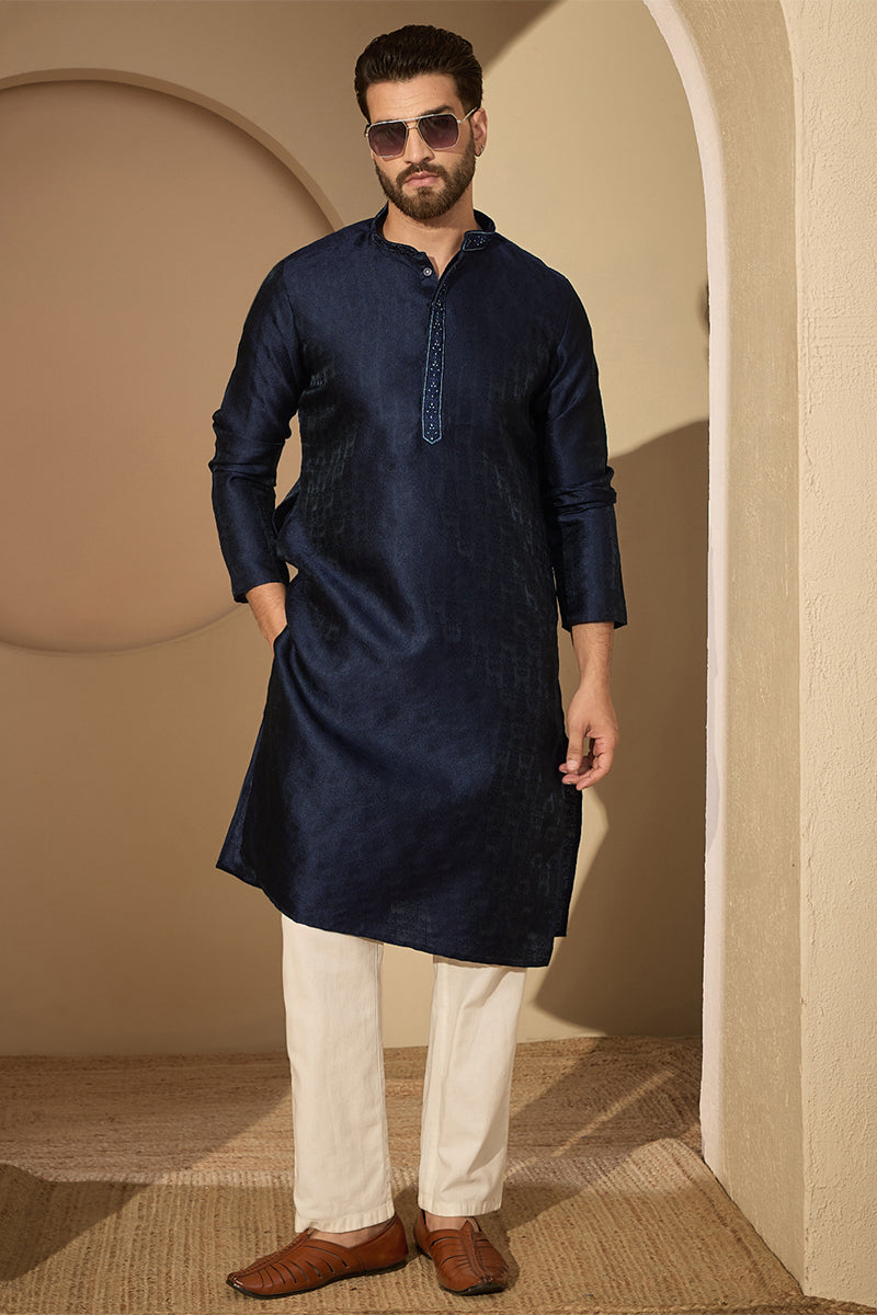 Blue Jacquard Solid Embroidered Mandarin Collar Kurta MKU2741