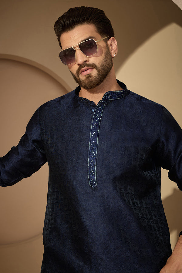Blue Jacquard Solid Embroidered Mandarin Collar Kurta With Trouser MKSET2741