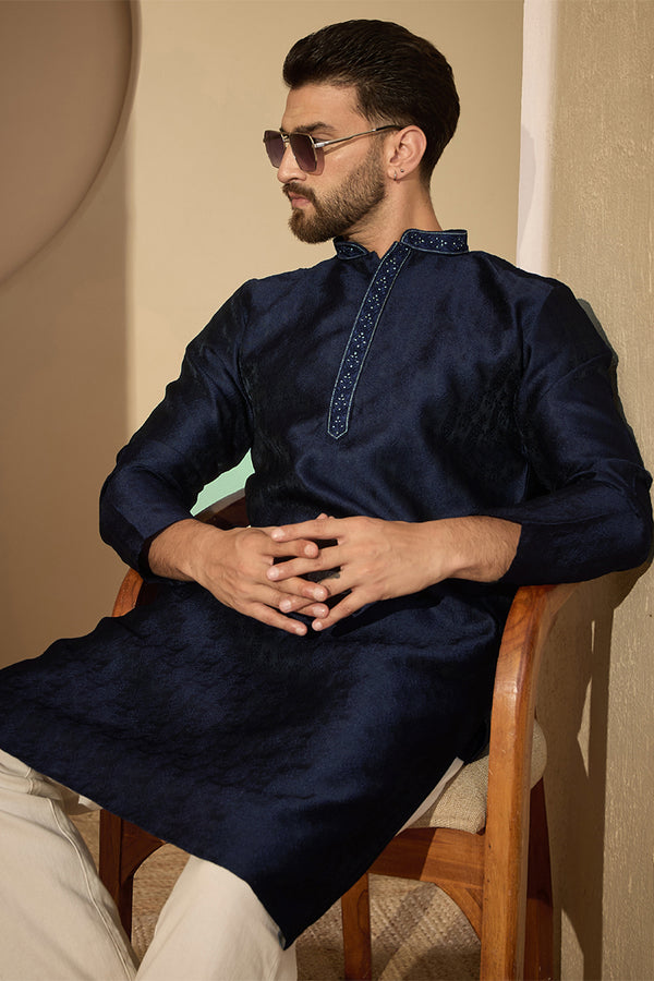 Blue Jacquard Solid Embroidered Mandarin Collar Kurta MKU2741