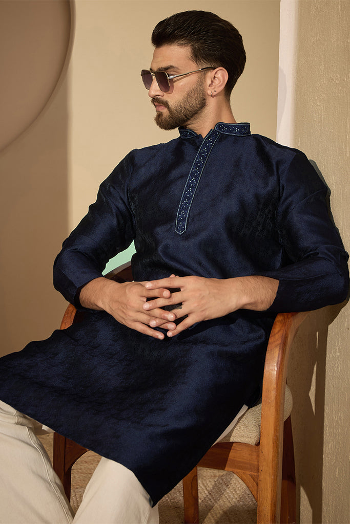 Blue Jacquard Solid Embroidered Mandarin Collar Kurta With Trouser MKSET2741