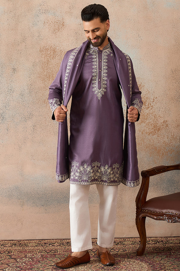Lavender Silk Blend Solid Embroidered Kurta With Dupatta MKUD1009