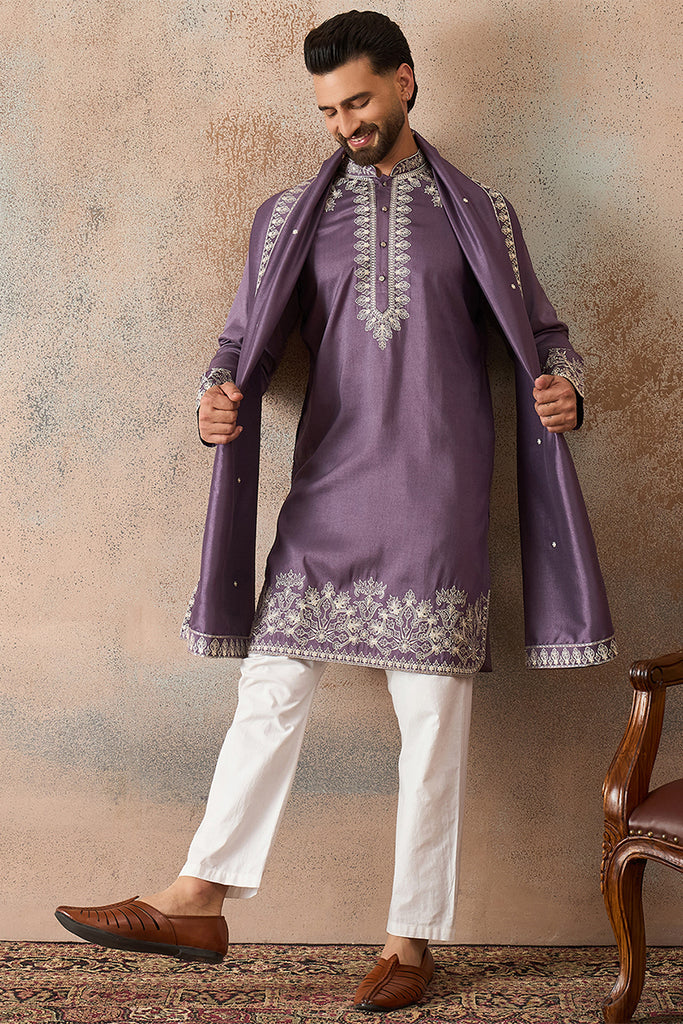 Lavender Silk Blend Solid Embroidered Kurta With Dupatta MKUD1009