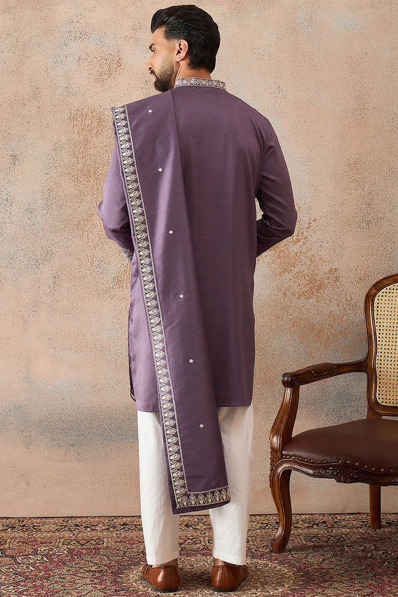 Lavender Silk Blend Solid Embroidered Kurta With Dupatta MKUD1009
