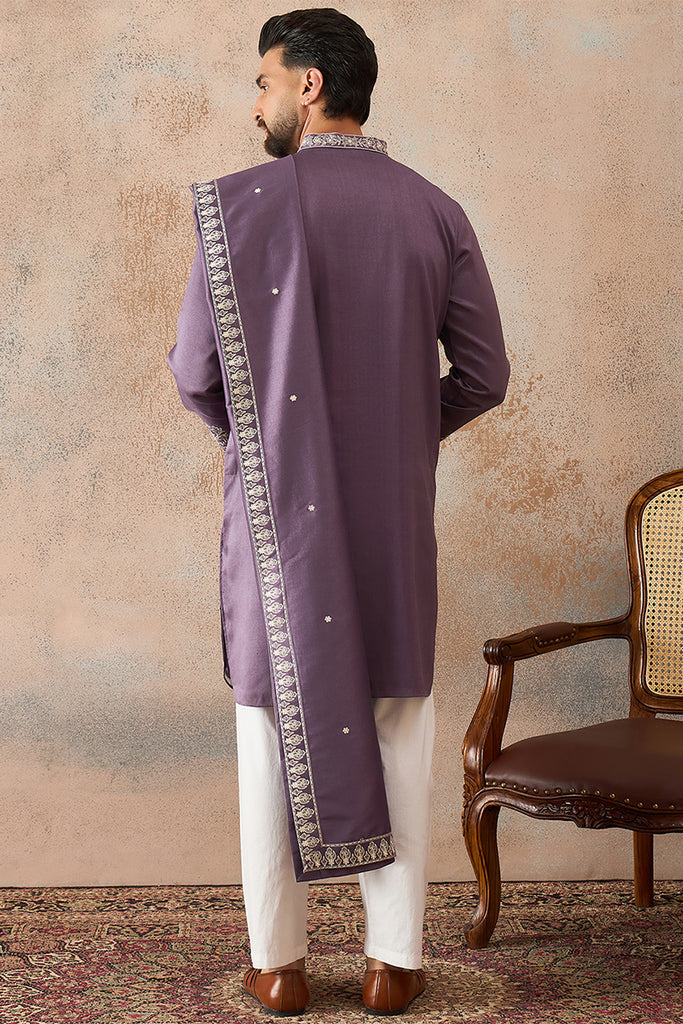 Lavender Silk Blend Solid Embroidered Kurta With Dupatta MKUD1009